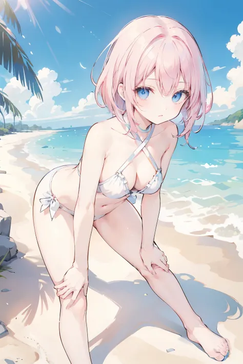 cute、、blue eyes、bikini、White panties、Crouched posture、Beach、Leaning forward、Hands on hips,Short Hair、Pink Hair