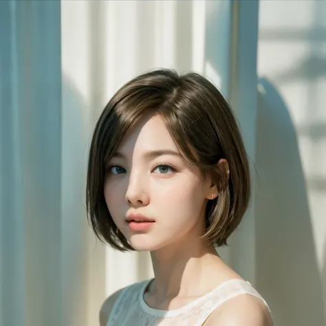 white curtains、whole body、Short hair、Japanese、soft light、rim light、beautiful shadow、low key、(realistic、RAW photos:1.2)、(natural textures、realistic details)、surrealism、Ultra A high resolution、4K、best quality、white wall、perfect angle、female'back,whole bo...