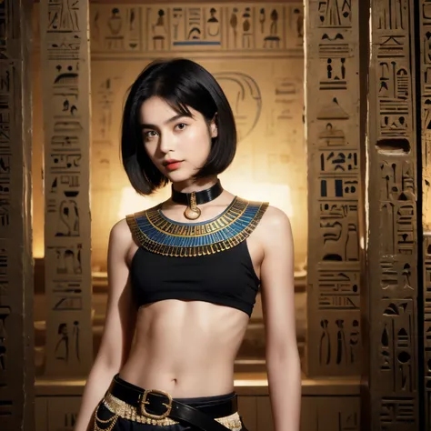 242 20-year-old female, short hair,kind, lipstick, Egyptian civilization, Waist belt, Hieroglyphics