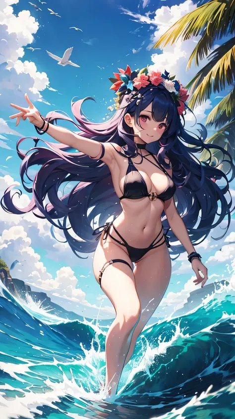 Highest quality、Highest quality、Masterpiece、girl((20-year-old、as soon as、Highest Bust、Medium Bust、Wide open chest、Red glowing eyes、Light Blue Hair、Disheveled Hair、Loincloth、thin、The best valley、Open chest、Full body view、White see-through、White Bikini、Smile...