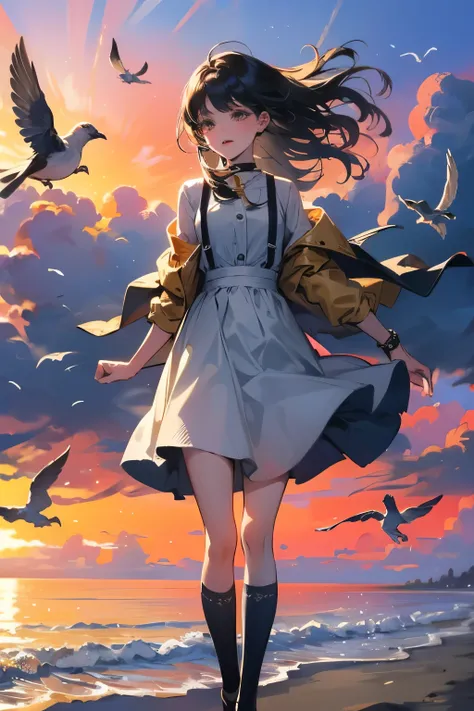 ((best quality)), ((masterpiece)), (detailed), A girl with long black hair wearing a white suspender skirt，Standing alone on a beach，Next to her is a flock of pigeons flying in the wind，Sunset，The sunlight shining on her and the pigeons seemed to be rimmed...