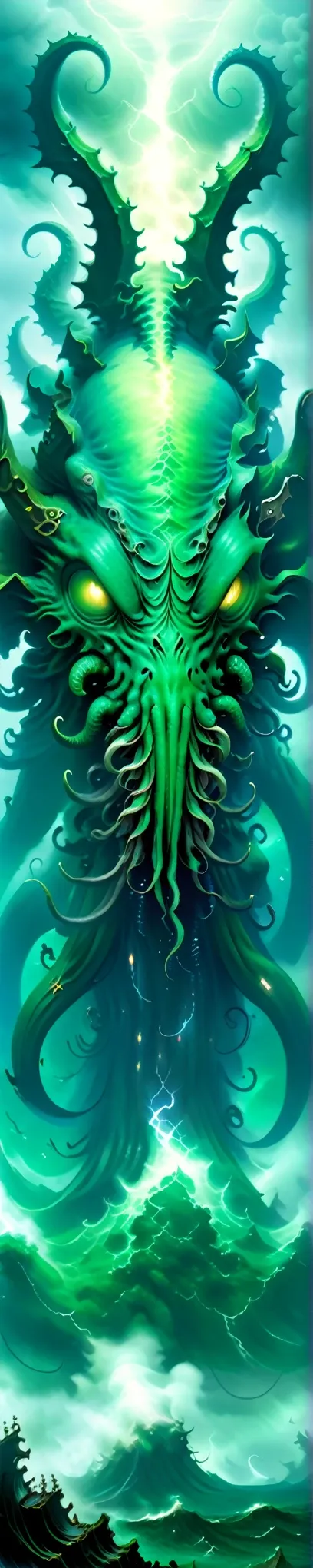 giant cthulhu deity emerging from the depths of the ocean on the horizon, amid dense and hazy green fog, dense clouds and lightn...