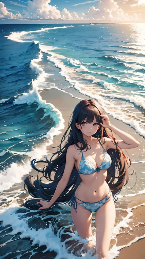 Highest quality、Highest quality、Masterpiece、girl((20-year-old、as soon as、Highest Bust、Medium Bust、Wide open chest、Red glowing eyes、Light Blue Hair、Disheveled Hair、Loincloth、thin、The best valley、Open chest、Full body view、White see-through、White Bikini、Smile...