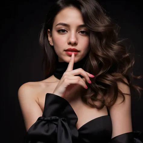 imagen hiperrealista de mujer muy guapa y elegante pidiendo silencio seductoramente con un dedo en los labios, fondo negro