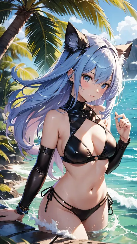 Highest quality、Highest quality、Masterpiece、girl((20-year-old、as soon as、Highest Bust、Medium Bust、Wide open chest、Red glowing eyes、Light Blue Hair、Disheveled Hair、Loincloth、thin、The best valley、Open chest、Full body view、White see-through、White Bikini、Smile...