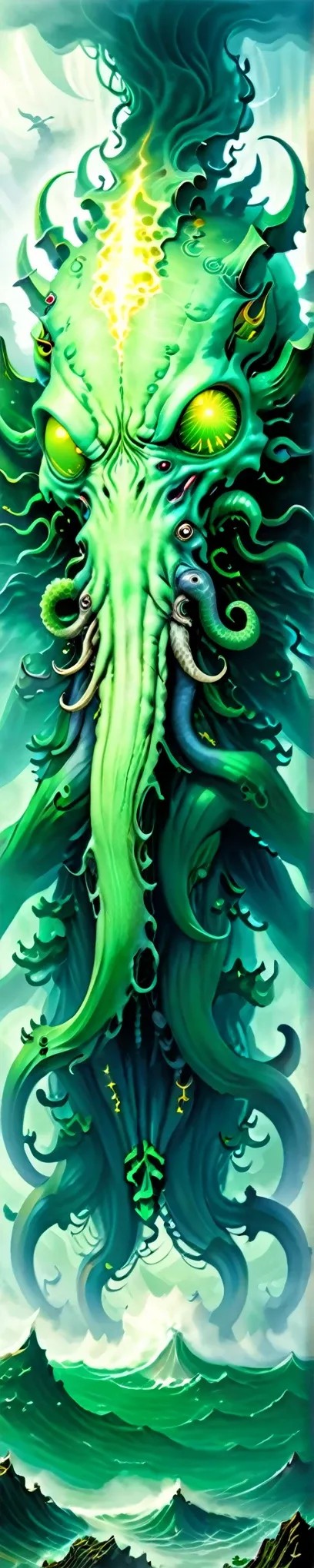 giant cthulhu deity emerging from the depths of the ocean on the horizon, amid dense and hazy green fog, dense clouds and lightn...