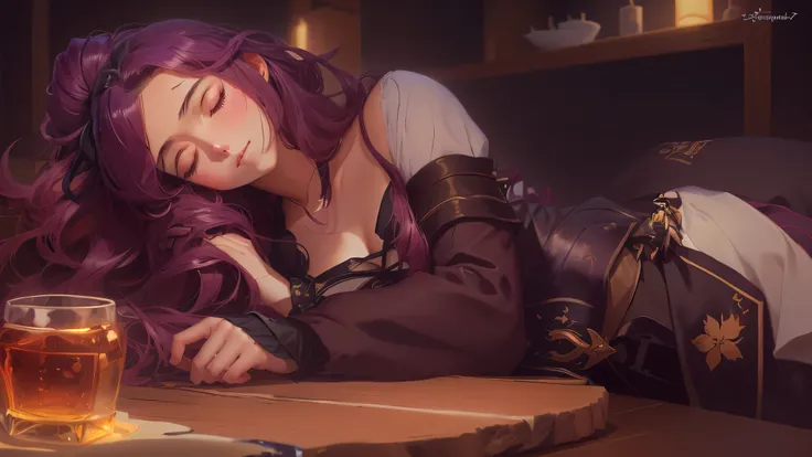 garota de anime dormindo em uma mesa com uma vela e um copo, fundo da taverna, artwork in the style of Guweiz, fantasia granblue, Arte conceitual relaxante, arte digital detalhada de anime, Guweiz, I critical role, made with anime painter studio, artgerm e...