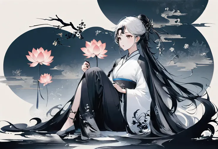 (Leave a lot of white:1.5)，white, White background, simple, Minimalism, abstract,Freehand，Aesthetic，Tai Chi，Gossip，Black and white，Taoist style，Ink Painting，antiquity，Lotus，Girl drinking tea