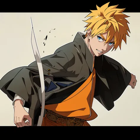  side view, showing only the the upper half of the body in the frame， Second generation Japanese manga style, showing only the upper body, yellow hair character, handsome, blue eyes, cold expression, with black-rimmed eyes, valiant, aggressive, handsome fa...