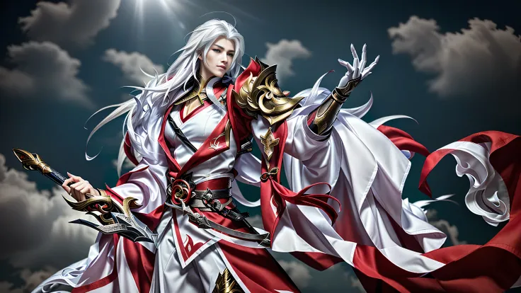man character with white hair and red cape holding a sword, zhongli from genshin impact, keqing from genshin impact, heise jinyao, inspired by Huang Shen, genshin impact character, loong, onmyoji portrait, zhao yun, genshin, taisho roman, bian lian, casimi...