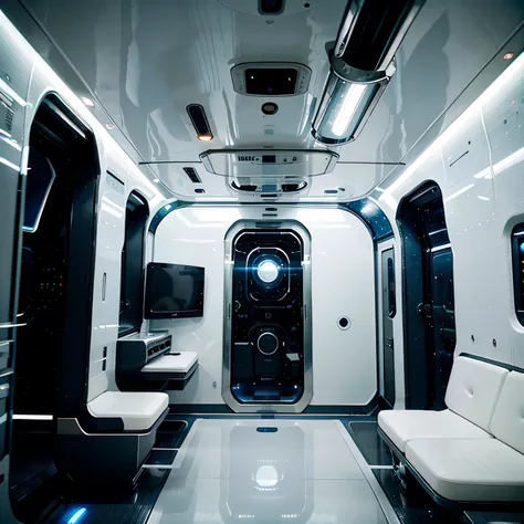 Inside the space station、Futuristic sci-fi interior、Clean and sterile interior,Bright interior with a white base