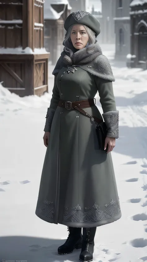 frostpunk, (diana rigg) as olenna tyrell, rich old lady, grey hair, long green royal coat, hat, boots, standing, in a medival ci...