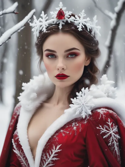 liza_white_model  snow fae princess, photo real,  (8k, RAW photo, highest quality), hyper realistic, red ruby gemstone suit, hauntingly beautiful illustrations, fairytale-inspired, winter snow background, blurry background
 lora:add-detail-xl:1> "
 p