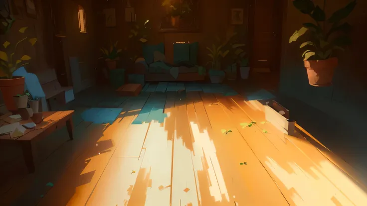 there is a plant that is sitting on a wooden floor, interior background art, low detailed. digital painting, hard light digital painting, damaged floor, lighting study, unreal enginedigital painting, background art, very detailed digital painting, detailed...