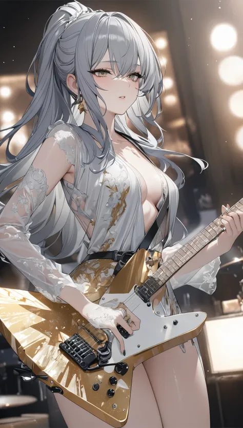 best quality, super fine, 16k, extremely detailed, 2.5D, delicate and dynamic, beautiful woman playing electric guitar, cool guitar with star-shaped gold body