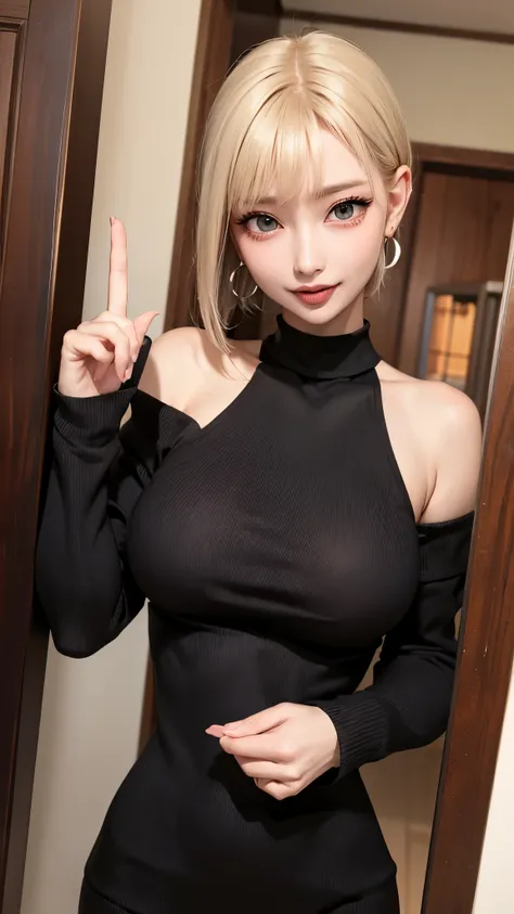 1 girl、solo、masterpiece,highest quality,high resolution,very detailed, skinny,black choker,earrings,big cleavage、off-the-shoulde...