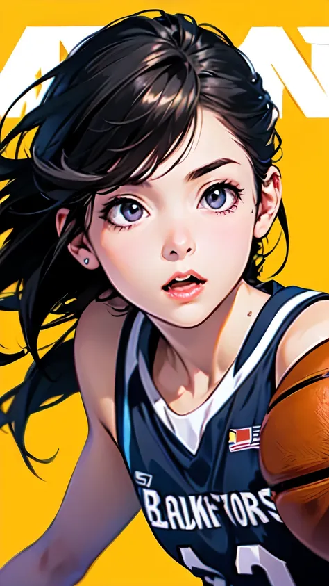 Slam Dunk female protagonist, fictional, dunk shot, basketball uniform, sense of speed, short black hair, detailed eyes, detailed face