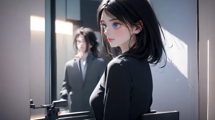 1 girl, medium light black hair, light blue eyes, wearing black suit, city, absurdres, high res, ultrasharp, 8K, masterpiece, looking from behind