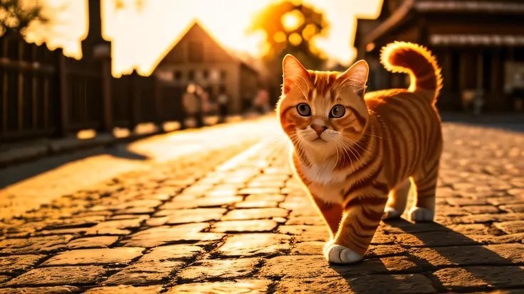 realistic photo of one chubby orange tabby cat, marching in old village, cute, 4k, analog film grain, extremely detailed eyes, a...