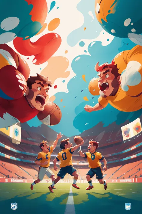 A highly detailed, color block illustration of middle-aged individuals passionately playing football, showcasing a vibrant color palette and a dynamic fluidity reminiscent of hand-painted art. With advanced techniques in powdered ink and wash, the artwork ...