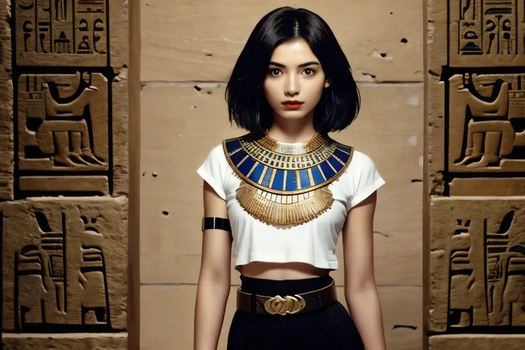 242 20-year-old female, short hair,kind, lipstick, Egyptian civilization, Waist belt, Hieroglyphics