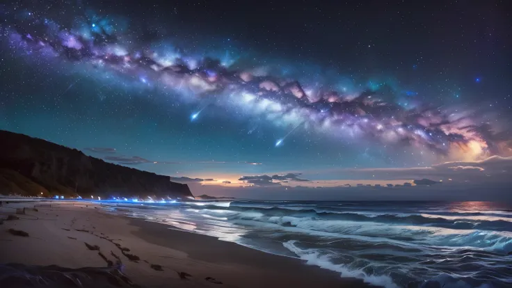 Starry sky over the ocean with waves and the beach, Milky Way, Space Photography, dream sequence, A dreamlike night, Magical Beach, Breathtaking, The endless universe in the background, Milky Way sky, The night sky is the sea, Mikko Lagerstedt, White moon ...