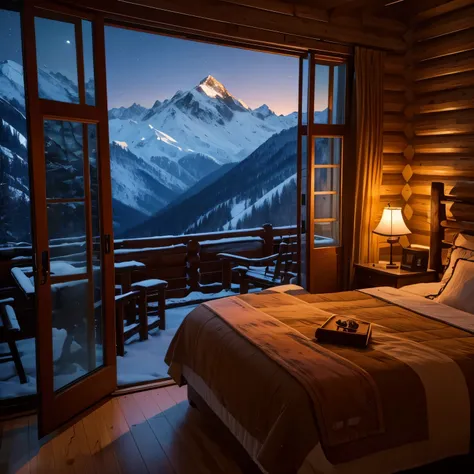 A mountain cabin-style room with large windows。A girl is looking out the window at the world from above her pet。Night Scenery。