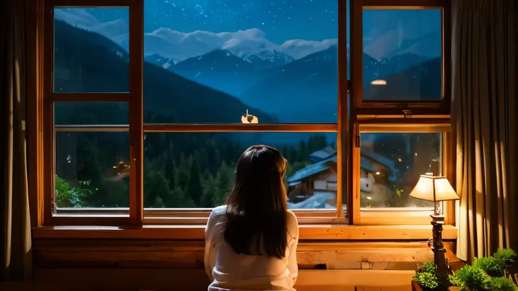 A mountain cabin-style room with large windows。A girl is looking out the window at the world from above her pet。Night Scenery。