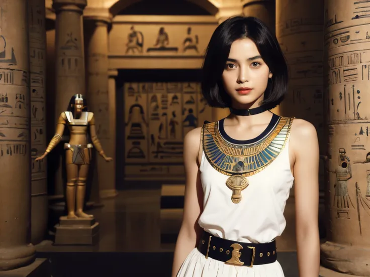 242 20-year-old female, short hair,kind, lipstick, Egyptian civilization, Waist belt, Hieroglyphics