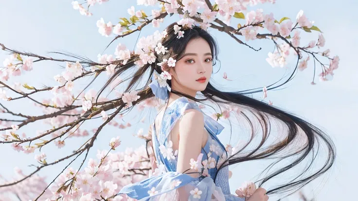 Realistic style，black hair，blue clothes，Gold pattern，A picture of a woman with long hair，A flower stuck in his hair,delicate face,Cherry blossoms flying