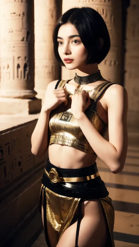 242 20-year-old female, short hair,kind, lipstick, Egyptian civilization, Waist belt, Hieroglyphics