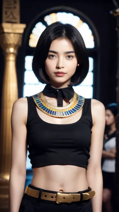 242 20-year-old female, short hair,kind, lipstick, Egyptian civilization, Waist belt, Hieroglyphics