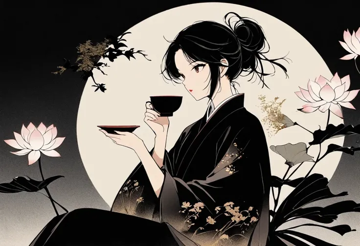 (Leave a lot of white:1.5),white, White background, simple, Minimalism, abstract,Freehand,Aesthetic,Tai Chi,Gossip,Black and white,Taoist style,Ink Painting,antiquity,Lotus,Girl drinking tea