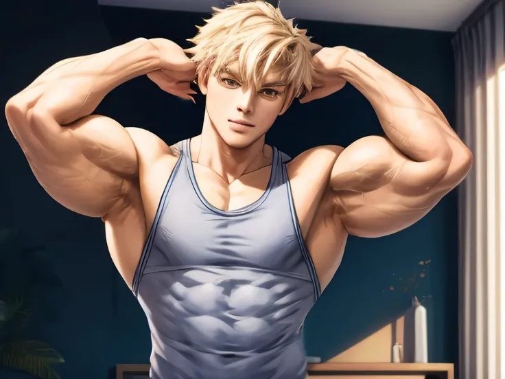 Muscular male,young male, with bulging muscles, flexing muscle at home, detailed, high detailed, wearing tanktop, hyper muscle, huge body, yellow haired male, Bakugo Katsuki