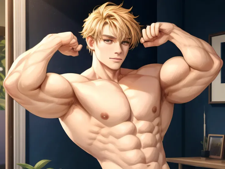 Muscular male,young male, with bulging muscles, flexing muscle at home, detailed, high detailed, naked, hyper muscle, huge body, yellow haired male, anime male, smiling, focused eye