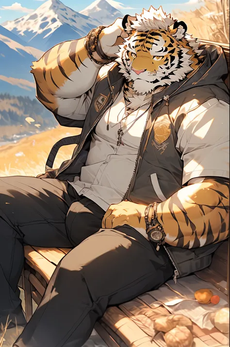 hairy，（tiger，Quilted jacket，Black pants），Golden fur，white short hair，male，Golden Eyes，Common，full-body shot，(Lying on a recliner：1.5)，（Sunbathing：1.5），Full body details ，Northeast，Mature，Strong body，Detailed mountain background，lifelike ，masterpiece，Very d...