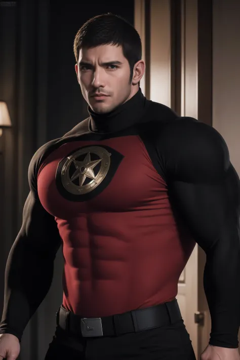 1 super muscular man,  Open mouth and scream，Buzz Cut，In a luxurious and noble mansion, Wear a long-sleeved red and black collar tights, Thickened warm elastic texture，The expression is arrogant, High collar long sleeve red and black turtleneck tights, ver...