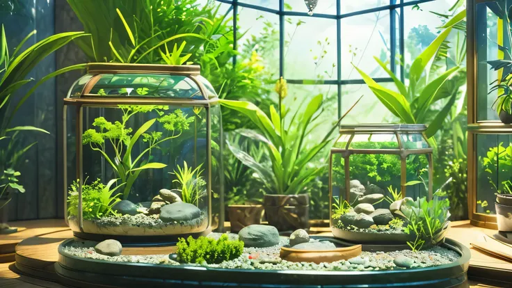 「encased in a glass dome、a beautiful and delicate terrarium。mr.々various kinds of green plants are harmoniously arranged、small st...