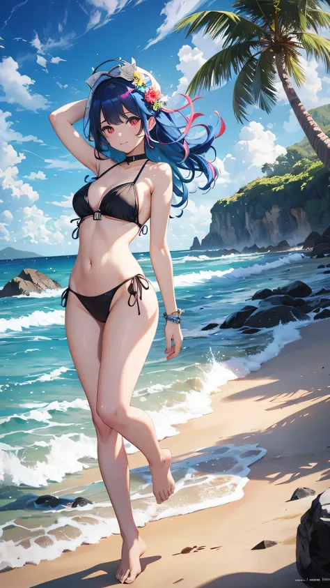 Highest quality、Highest quality、Masterpiece、girl((20-year-old、as soon as、Highest Bust、Medium Bust、Wide open chest、Red glowing eyes、Light Blue Hair、Disheveled Hair、Loincloth、thin、The best valley、Open chest、Full body view、White see-through、White Bikini、Smile...