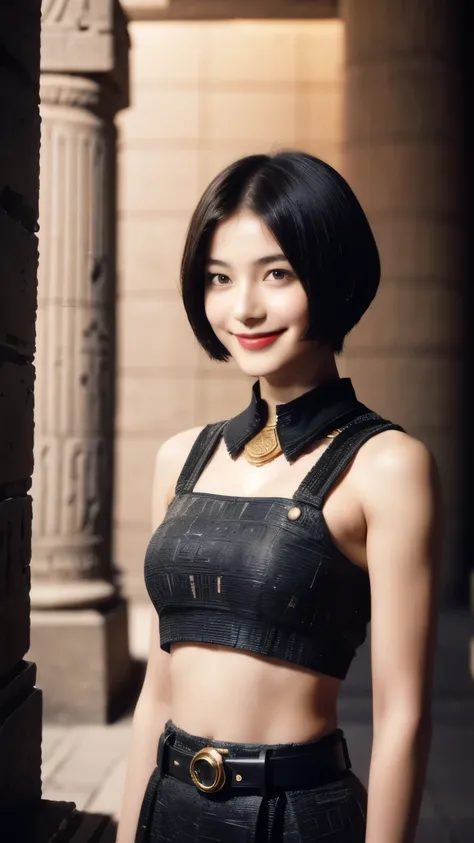 243 20-year-old female, short hair,kind, lipstick, Egyptian civilization, Belt on waist, hieroglyph, smile