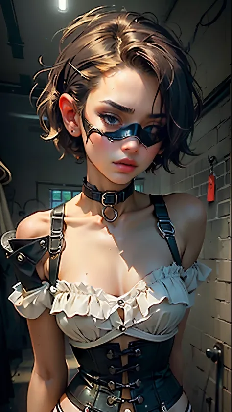 (Best Quality, Masterpiece: 1.1), (Fidelity: 1.4), 1 Girl, Upper Body, Very Short Hair, Studio, BDSM, slave, Black Corset, Bondage, Slave Collar, Slave, Panties, Woman Tied With Rope, Blindfold, Handcuffs, Bondage, BDSM, Bound