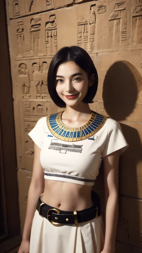 243 20-year-old female, short hair,kind, lipstick, Egyptian civilization, Belt on waist, hieroglyph, smile