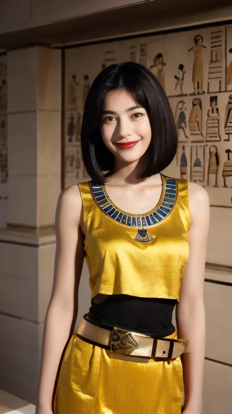 243 20-year-old female, short hair,kind, lipstick, Egyptian civilization, Belt on waist, hieroglyph, smile