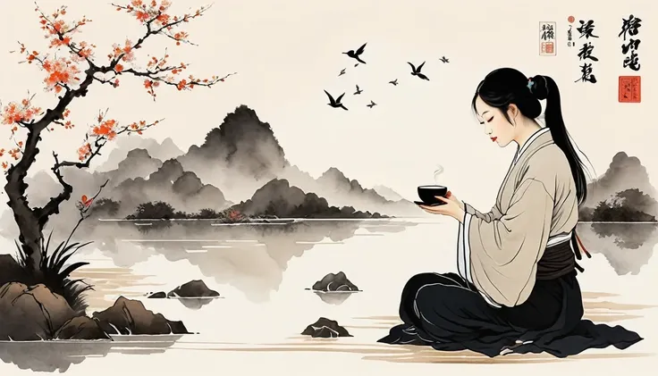 (Leave a lot of white:1.5)，white, White background, simple, Minimalism, abstract,Freehand，Aesthetic，Tai Chi，Gossip，Black and white，Taoist style，Ink Painting，antiquity，Lotus，Girl drinking tea，Ink Painting and Watercolor，Drawing on rice paper，Use thick and b...