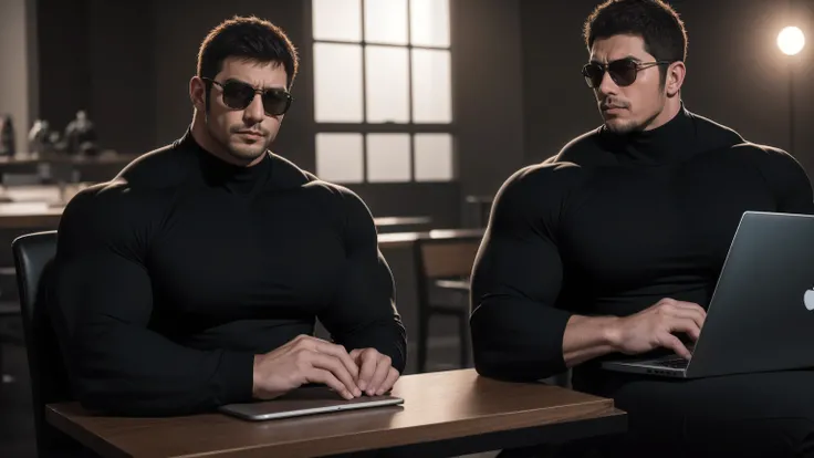 A strong muscular man sitting at the table，Using laptop, Only One，Chris Redfield（Chris Redfield），Wear sunglasses，Very handsome，Wear a long-sleeved red and black collar tights, Thickened warm elastic texture，The expression is arrogant, High collar long slee...