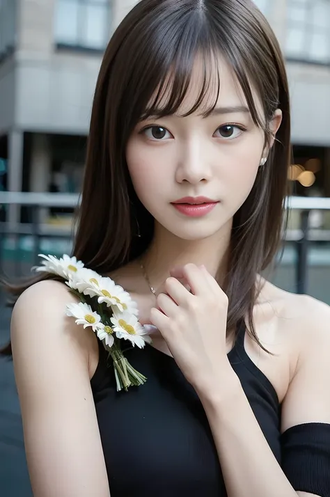 (8k, RAW Photos, highest quality、masterpiece:1.2), (Realistic、Realistic:1.37), Super detailed, High resolution, 1 girl, View your viewers, Beautifully detailed face、(Holding a bouquet:1.3),Beautiful and detailed skin、Skin Texture、Floating Hair、Professional...