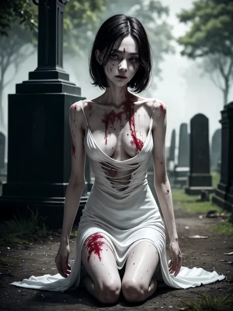 corpse, sinister, female, thin, pale, looking at the camera, ultra realistic, fully detailed, cemetery environment, bright eyes, white dress torn and stained with blood, bones exposed, putrid wounds, sensual, terrifying, bruised by the body, exposed fractu...