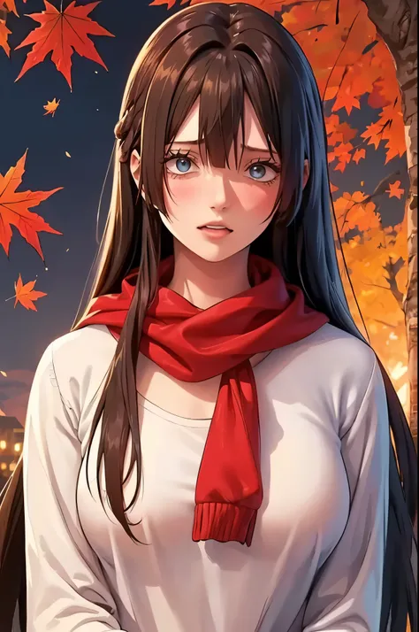 (masterpiece), best quality, ultra-detailed, illustration, warm lighting, soft lighting, bright colors, 1 girl, solo,( beautiful girl, long hair, blue eyes, ribbon, brown hair, hair between eyes, hair ribbon, sidelocks, very long hair, messy hair,) , autum...