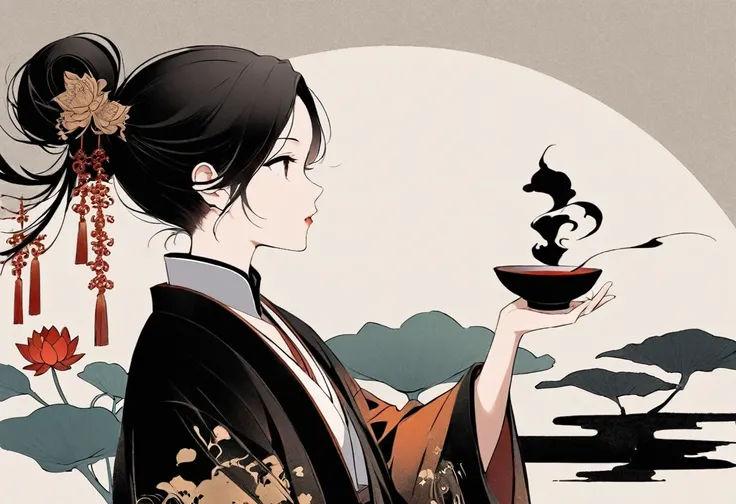 (Leave a lot of white:1.5),white, White background, simple, Minimalism, abstract,Freehand,Aesthetic,Tai Chi,Gossip,Black and white,Taoist style,Ink Painting,antiquity,Lotus,Girl drinking tea