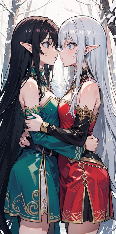 Two female elves，Equal stature，One black and one white，face to face，hold each other tight，kisses，at a forest